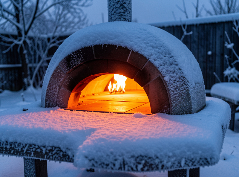 A pizza oven running outdoors in snowy cold-weather conditions with steam rising