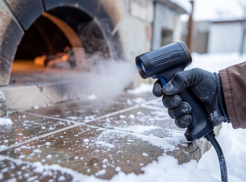 Checking pizza oven stone temperature with an infrared gun in cold winter conditions