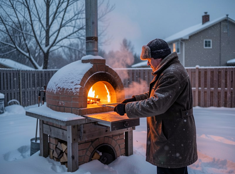 An outdoor pizza oven burning brightly in a snowy backyard at dusk with snow falling