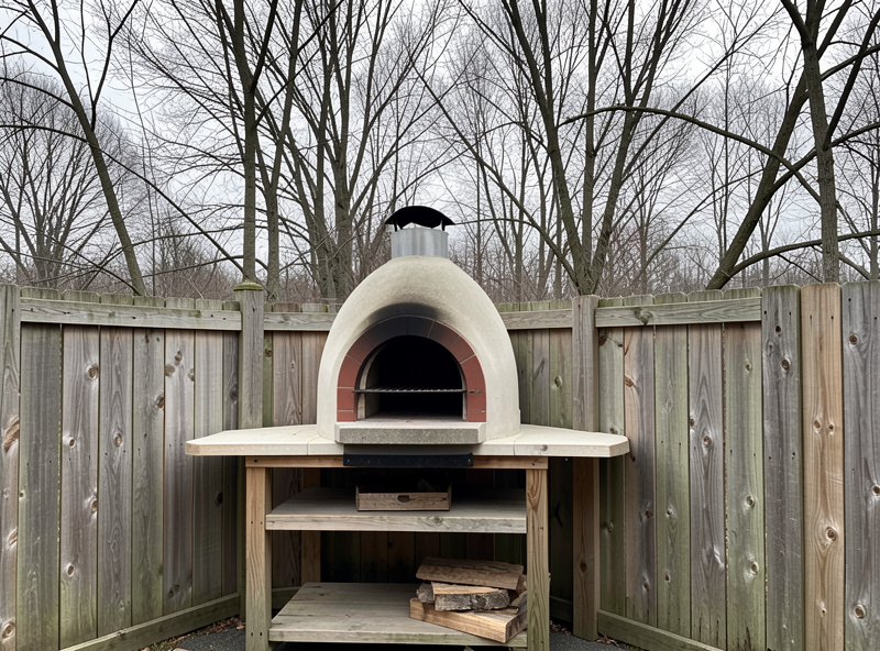 An outdoor pizza oven positioned against a fence windbreak with the mouth facing away from the wind