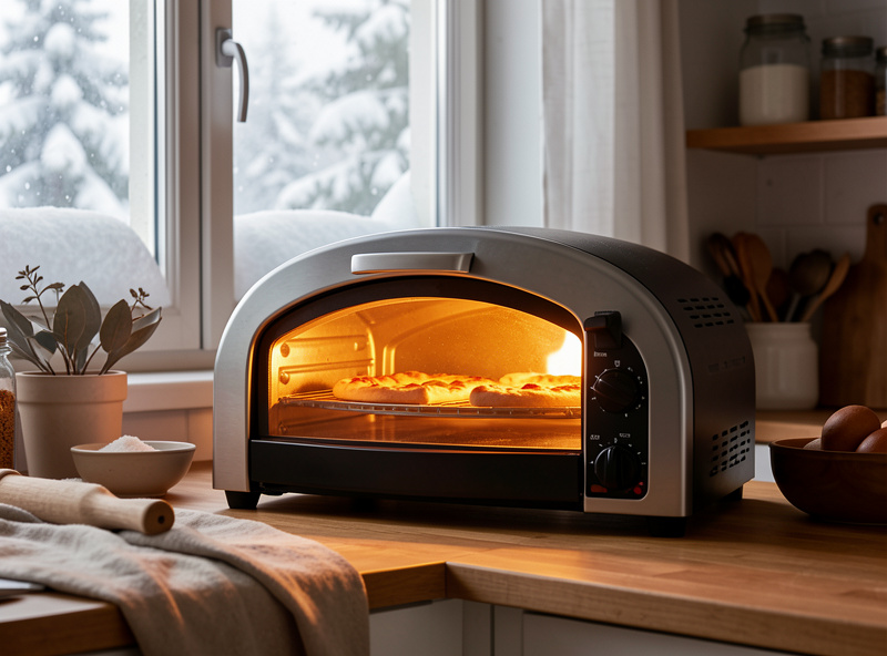 An indoor electric pizza oven glowing warmly on a kitchen counter with a snowy window behind