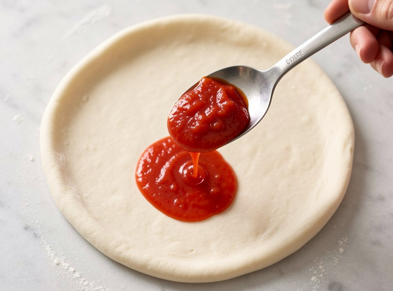Pizza sauce being applied to dough with a slotted spoon leaving excess liquid behind