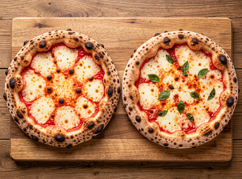Comparing two finished Neapolitan pizzas baked from the same dough in gas and wood ovens