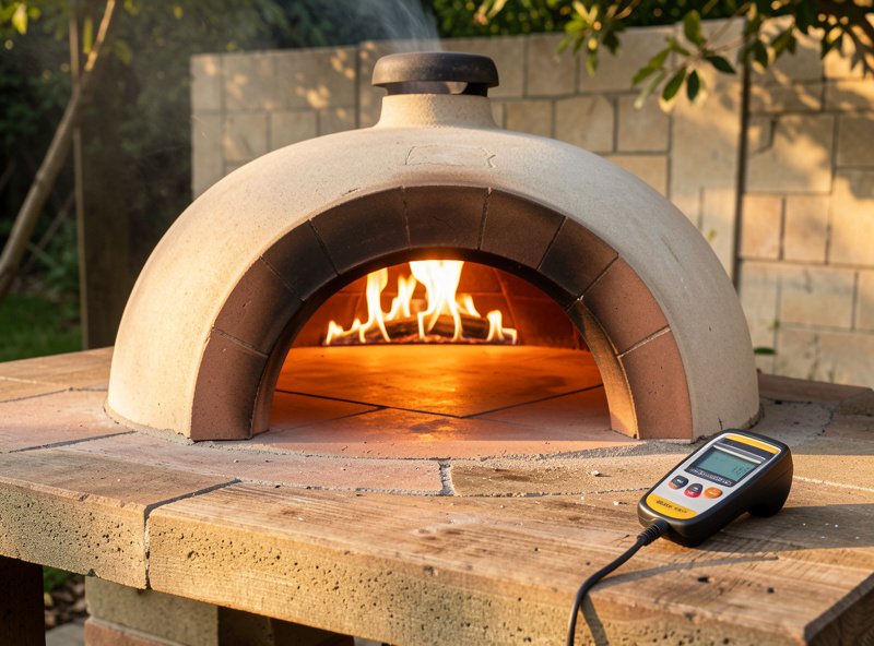 Outdoor pizza oven preheating empty with the lid closed and a thermometer on the bench