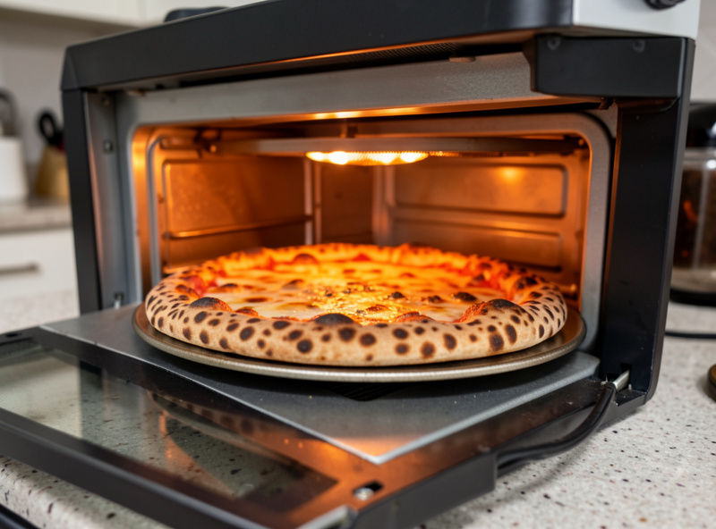 An indoor electric pizza oven on a kitchen counter with a pizza baking inside