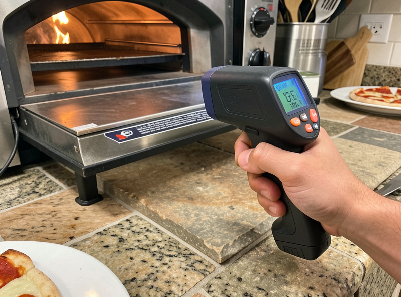 Reading the deck temperature of an indoor electric pizza oven with an infrared thermometer