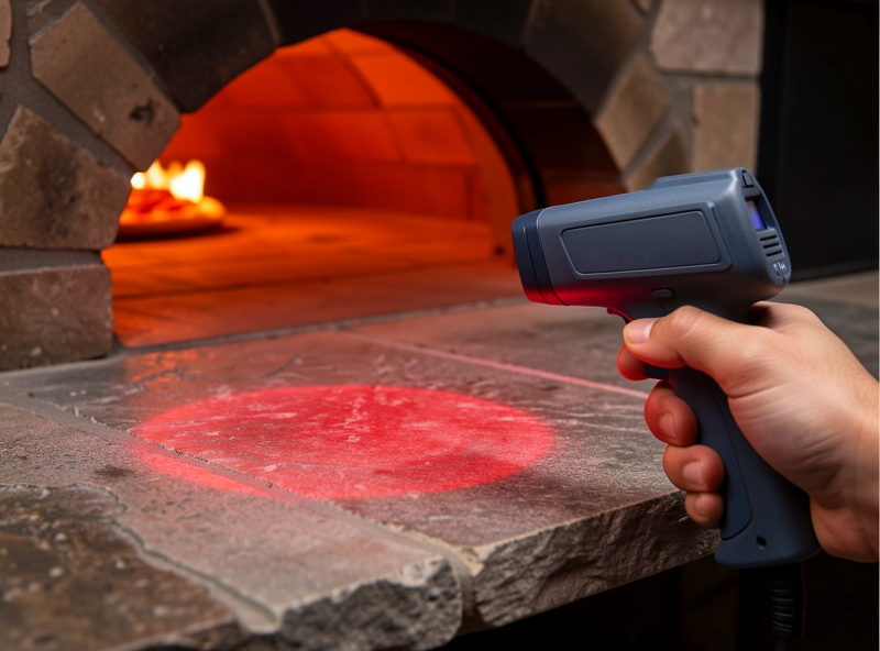 Hand holding an infrared thermometer aimed at the hot stone deck of a pizza oven