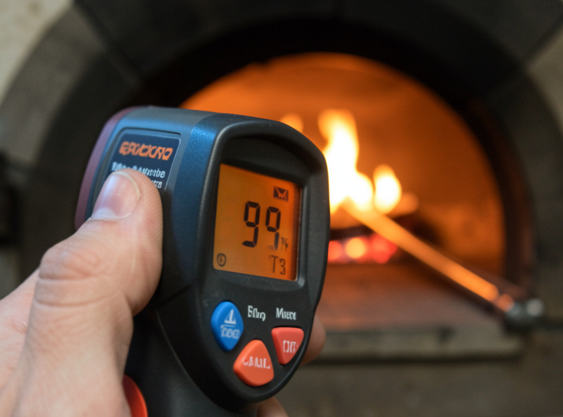 Infrared thermometer display showing a high temperature reading near a pizza oven mouth