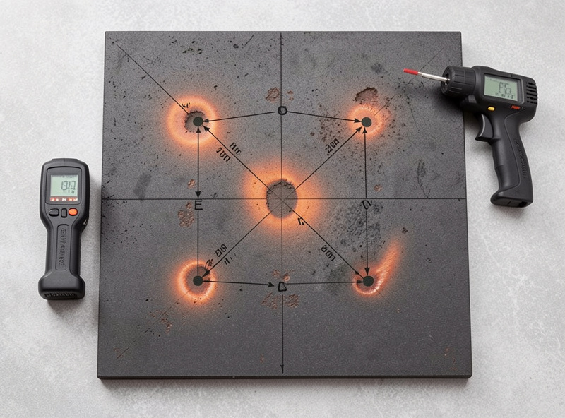 Overhead view of a pizza oven deck showing several measurement spots with uneven heat