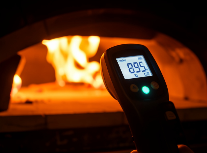 An infrared thermometer showing a surface temperature reading on a glowing pizza oven stone