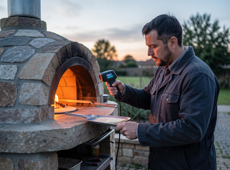 A baker checking the stone temperature of an outdoor pizza oven with an infrared thermometer before launching