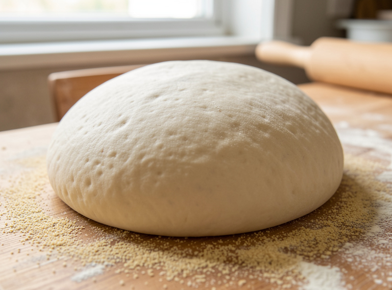 Neapolitan pizza dough ball at 62 percent hydration ready for hand stretching on a floured bench