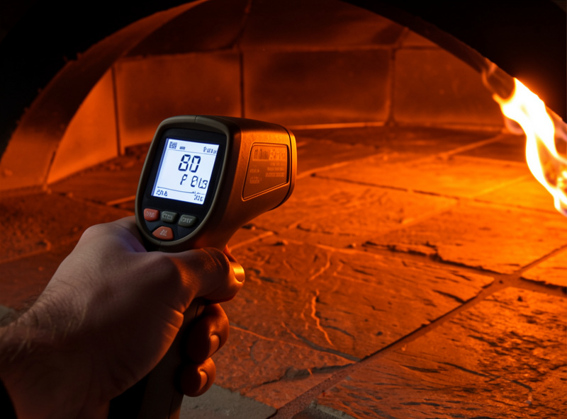 Infrared thermometer reading 460 degrees Celsius on a pizza oven stone surface before launching a Neapolitan pizza