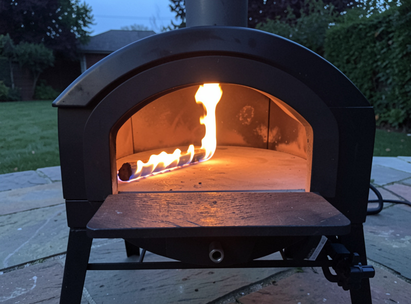 Ooni Koda 16 portable gas pizza oven running on a patio with flame visible