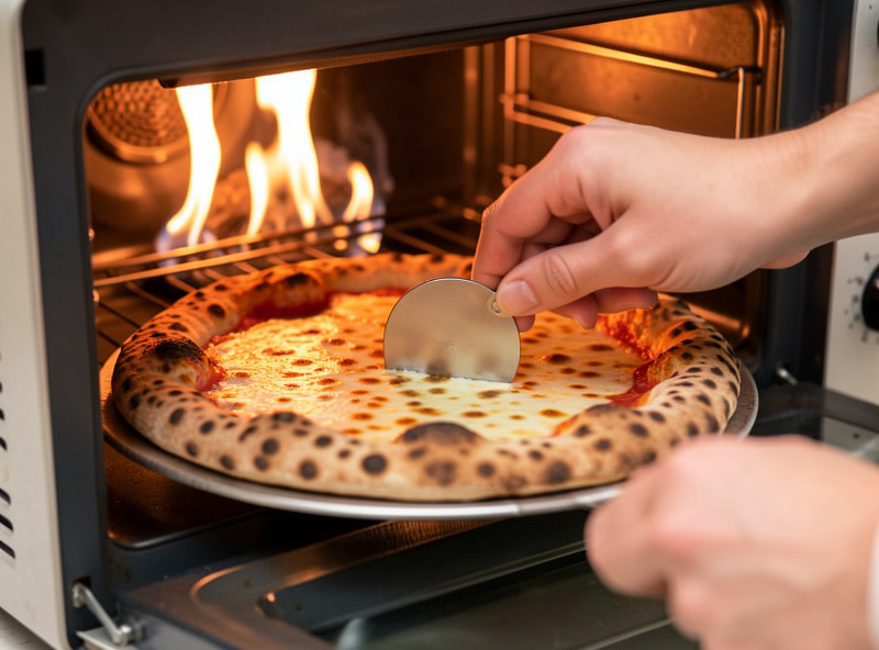 Turning a pizza inside the Ooni Koda 16 with a small metal turning peel