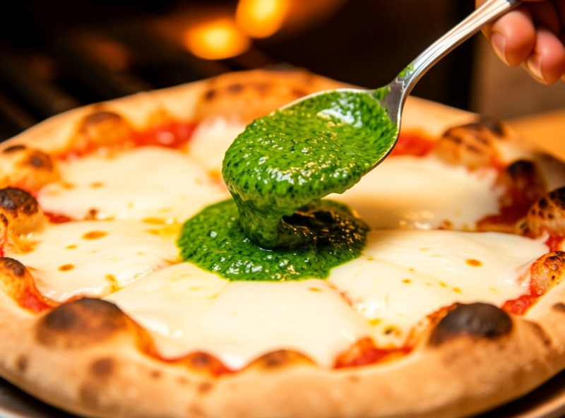 Bright green basil pesto being swirled onto a freshly baked pizza out of the oven