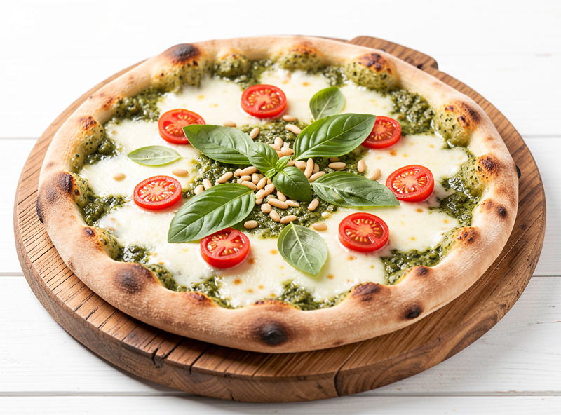 A finished pesto pizza with mozzarella, cherry tomatoes and pine nuts on a wooden board