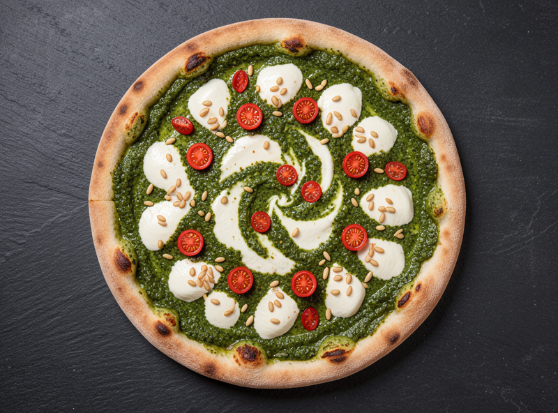 Overhead of a pesto pizza with mozzarella, cherry tomatoes, pine nuts and fresh basil