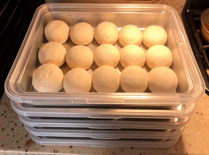 Stacked dough proofing trays with round pizza dough balls proofing under clear lids