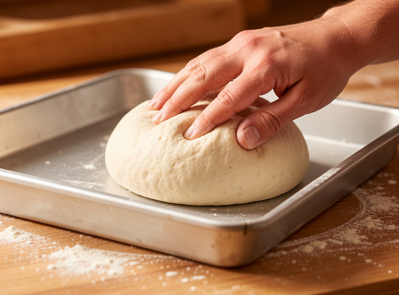 A hand lifting a relaxed cold-fermented dough ball from a proofing tray onto a floured bench