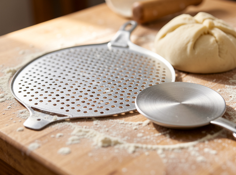 Pizza oven accessories laid out on a workbench: perforated launch peel, turning peel, IR thermometer, and dough trays
