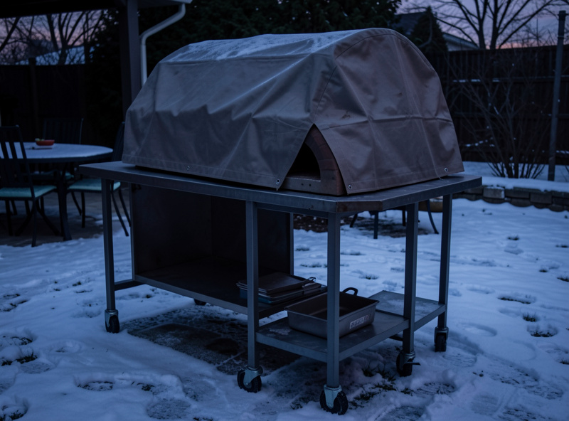 Covered outdoor pizza oven on a rolling cart beside a patio in cold weather