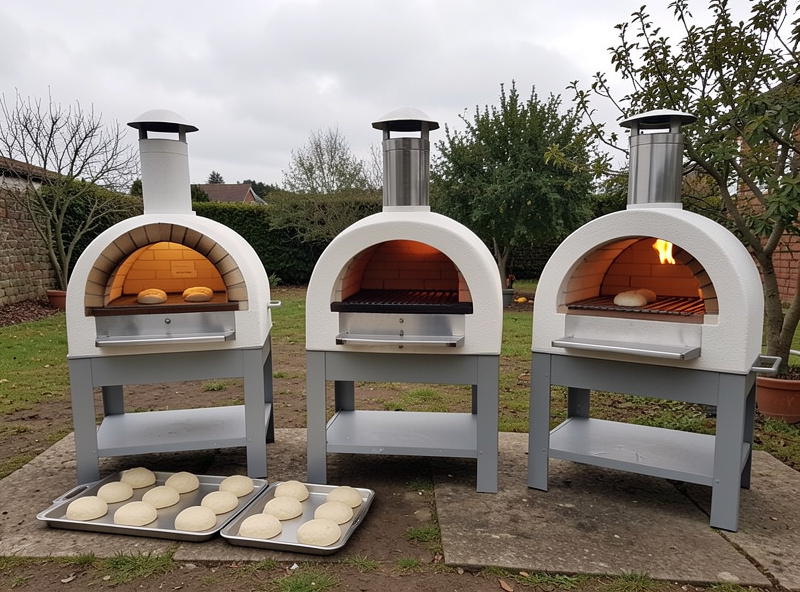 Three home pizza ovens side by side outdoors for comparison testing