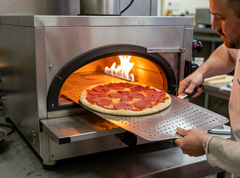 Launching a pizza into a portable gas pizza oven with a perforated peel