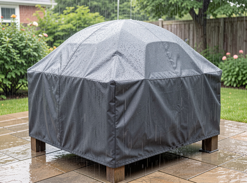 A weatherproof cover fitted over an outdoor pizza oven in light rain