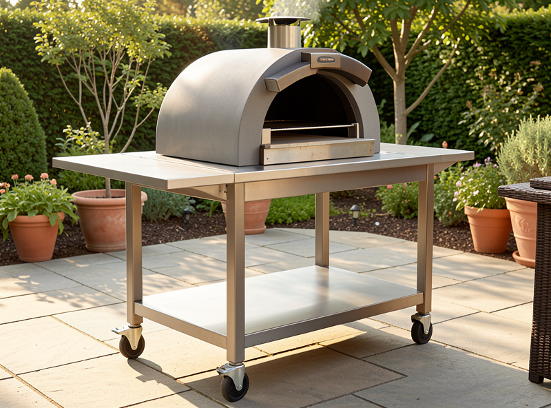 An outdoor pizza oven on a stable steel cart with a side prep surface and locking castors