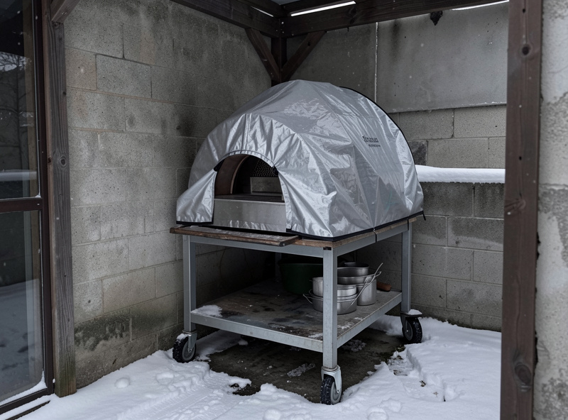 A covered pizza oven on a rolling cart stored in a sheltered corner during winter snow