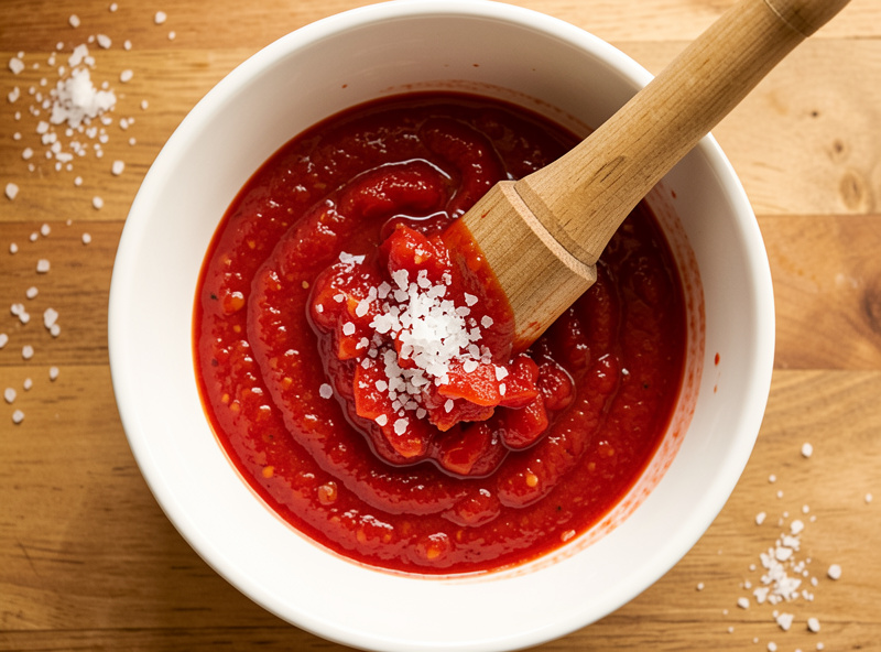 No-cook crushed San Marzano pizza sauce in a white bowl with a hand-crusher and sea salt