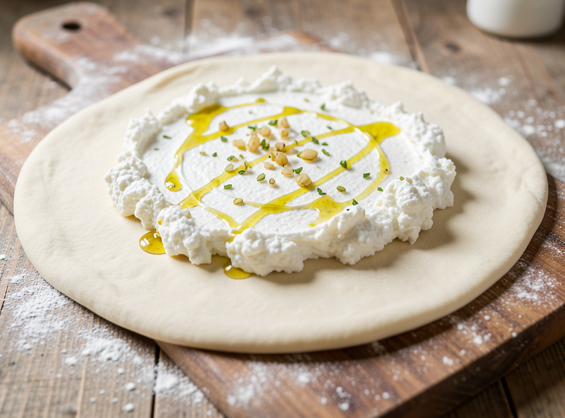 Stretched pizza dough topped with a white ricotta and garlic bianca base before baking