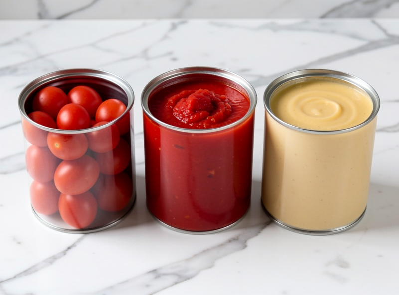 A row of canned tomatoes for pizza — whole peeled plum, crushed, and passata — lined up for comparison