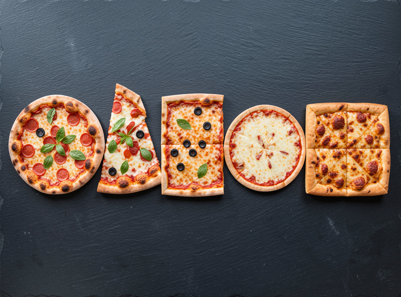 Five home pizza styles laid out side by side: Neapolitan, New York, Detroit, Roman tonda, and Sicilian grandma