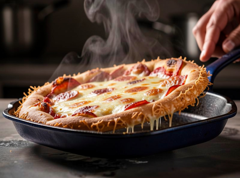 Detroit-style pan pizza with crispy frico cheese edge lifted from a blued steel pan