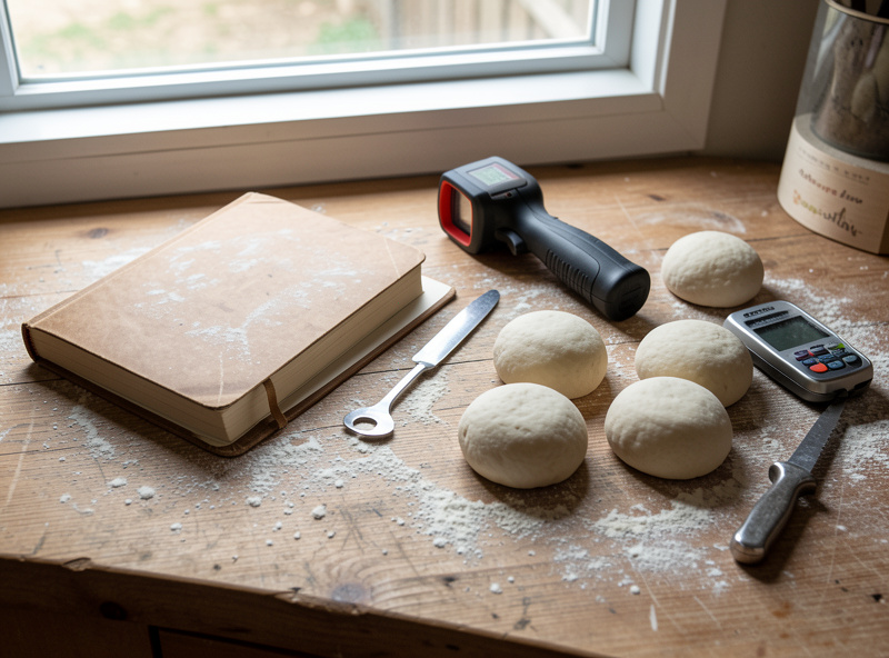 A logged dough book beside dough balls and an IR thermometer, showing hydration and ferment notes for different pizza styles