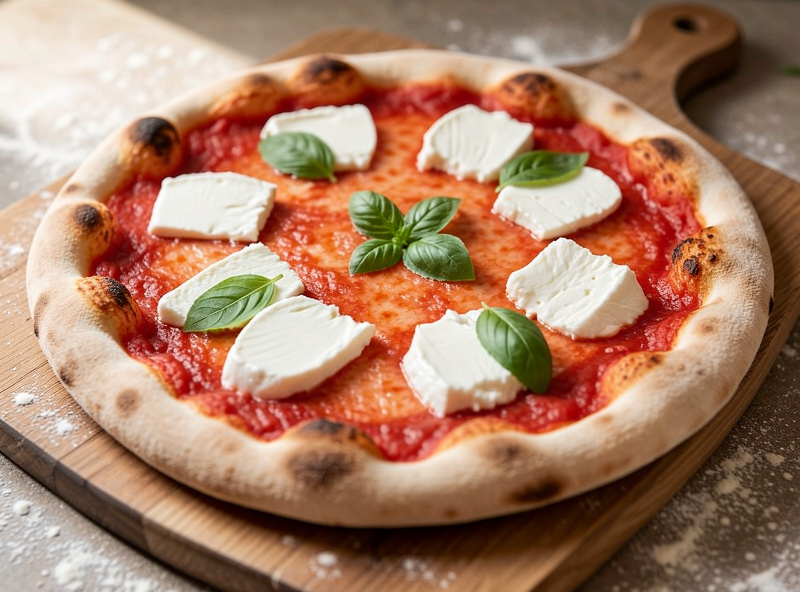A balanced Neapolitan pizza with a thin layer of sauce, torn mozzarella and a few basil leaves before baking