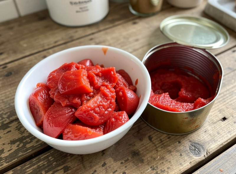 Hand-crushed whole peeled tomatoes in a bowl beside an open can, showing the thick pulp rather than thin juice