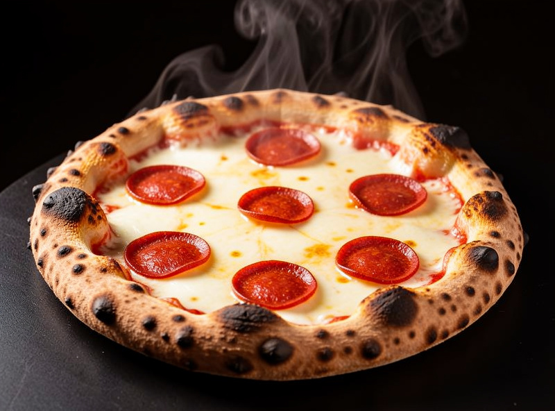 A finished Neapolitan pizza pulled from a hot oven with leoparded crust, melted mozzarella pooling and crisp pepperoni cups
