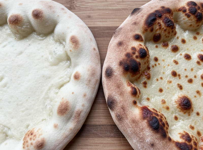 Two pizza bases compared underside up, one pale and undercooked and one evenly golden-charred