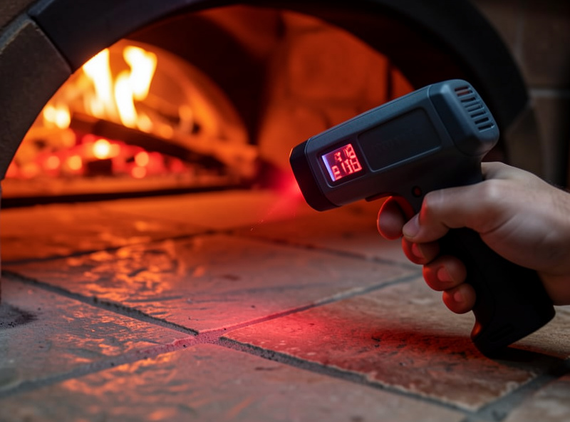 A hand checking the stone floor of a hot pizza oven with an infrared thermometer gun