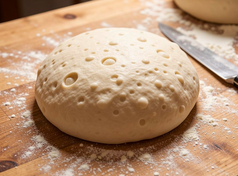 A well-fermented pizza dough ball relaxed on a floured wooden bench with bubbles on the surface