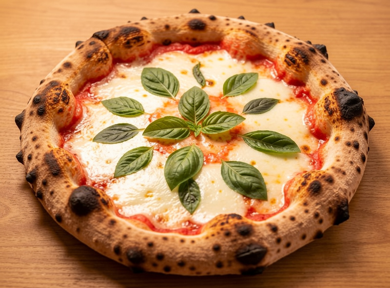 A finished Neapolitan pizza made with Caputo flour showing a leoparded puffy rim