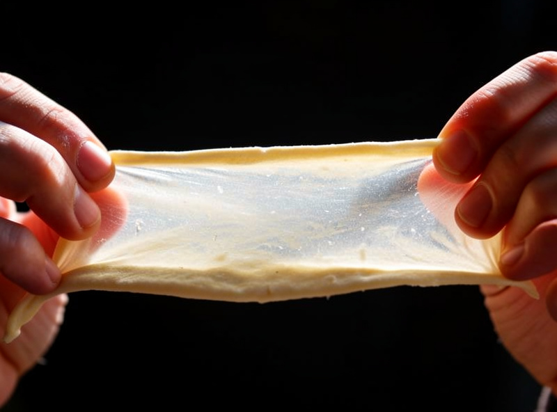 Hands kneading pizza dough on a floured surface showing a smooth elastic surface forming