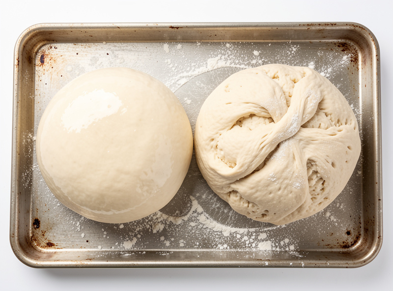 A piece of pizza dough stretched thin to a translucent windowpane showing well-developed gluten