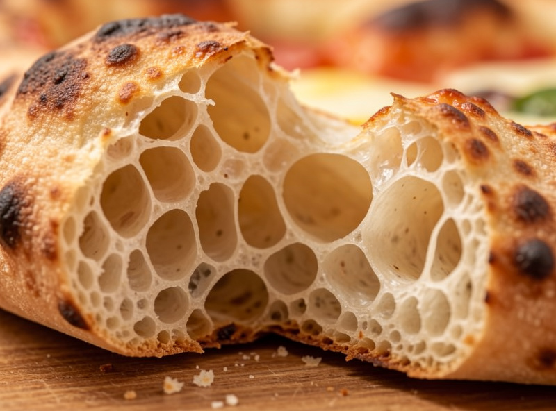 Strong tipo 00 pizza flour with protein and W-strength information beside a long-fermented dough ball
