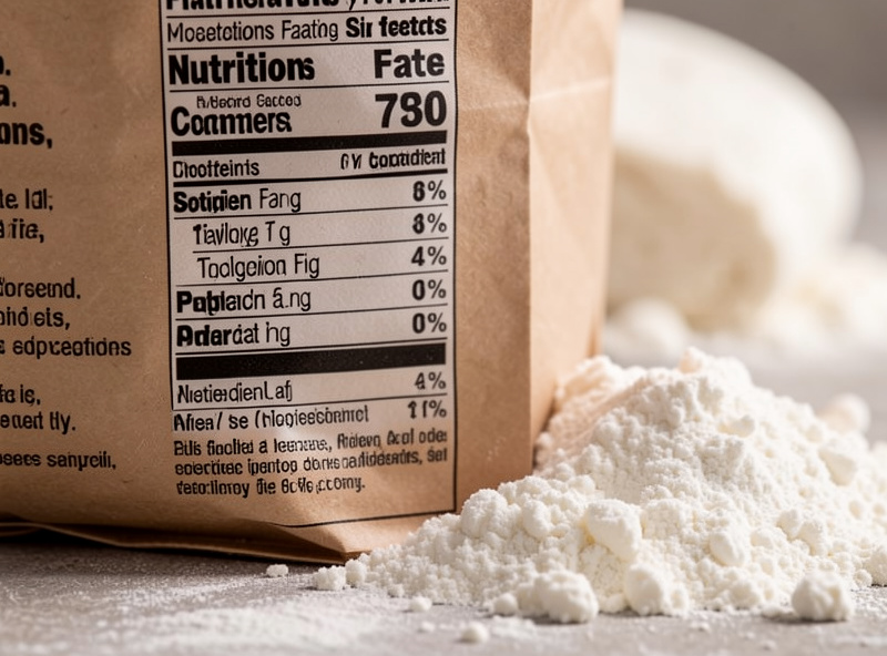 Close-up of a pizza flour bag showing the protein content and W-strength on the nutrition panel