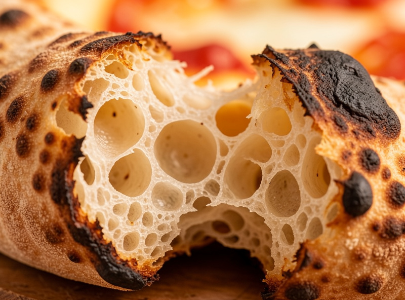 Finished pizza crumb cross-section showing open airy structure and a leoparded rim from a well-matched flour