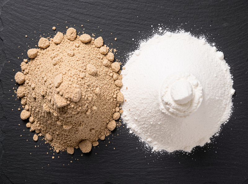 Coarse speckled stone-ground flour beside fine white refined flour in two bowls